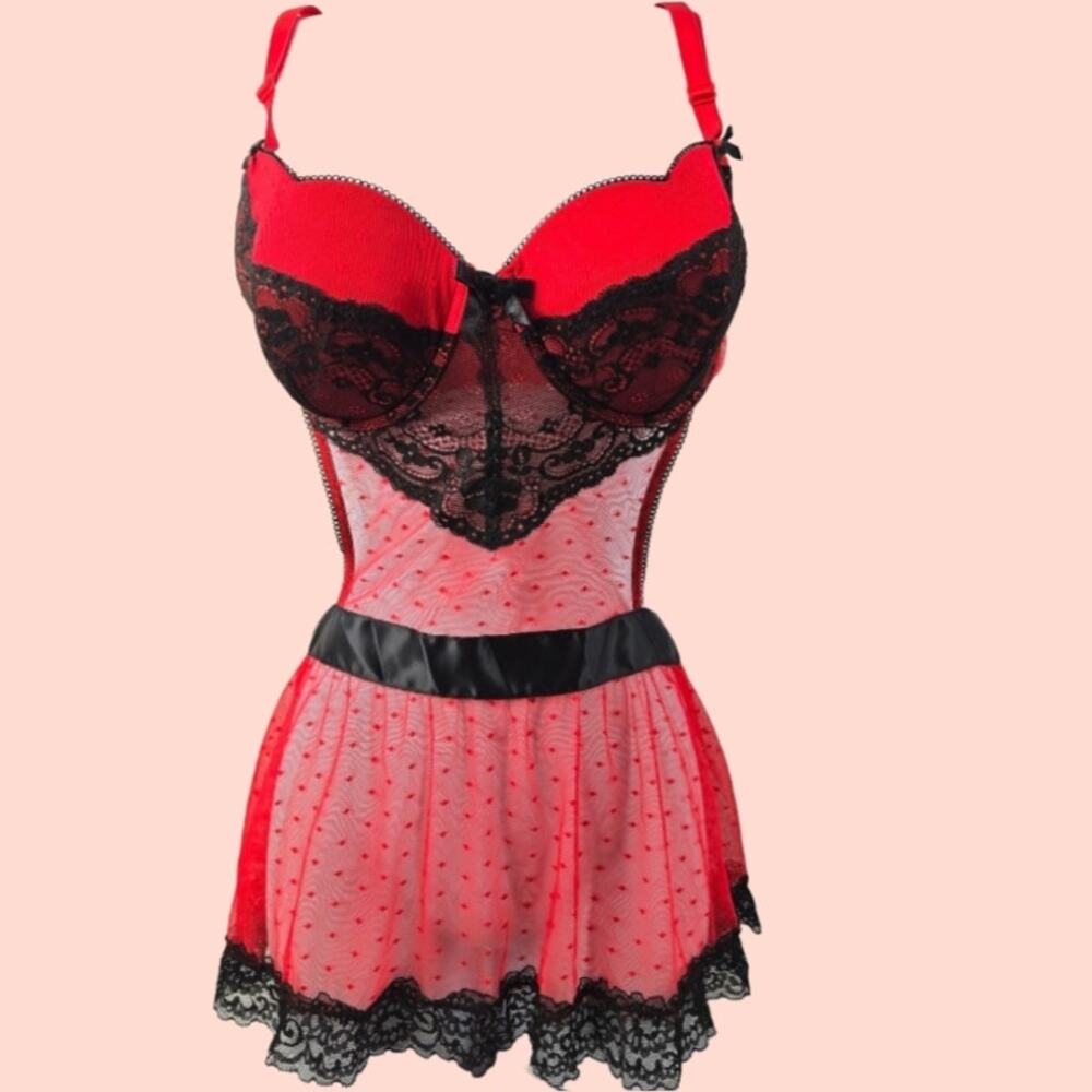 Secret Treasures Valentine Red Black Open Back Tie Chemise Dotted Swiss Lace Lrg